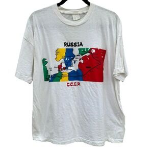 Vintage Russia CCCP Map Graphic Shirt White Single Stitch Large 90s Soviet Union